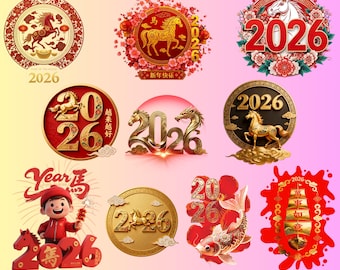 Puede incluir: Un conjunto de diez PNG digitales con diseños para el año 2026. Las imágenes incluyen caballos, el número 2026 y caracteres chinos, en diseños circulares y rectangulares. También se muestra el texto "DIGITAL DOWNLOAD PNGS" y "BUNDLE OF 10".