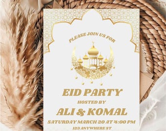 May include: A white invitation card with gold accents. The card features a crescent moon with a mosque inside, and the text "Please join us for Eid Party hosted by Ali & Komal Saturday March 20 at 4:00 PM 123 Anywhere St Any City St RSVP at 000 0000 000".
