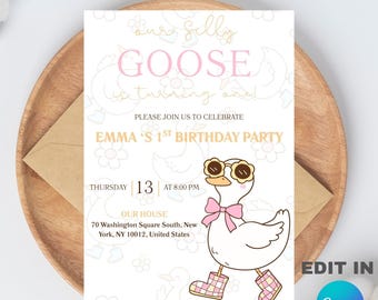 Bewerkbare sjabloon Silly Goose eerste verjaardagsfeestje (5 x 7) digitaal downloadbaar product