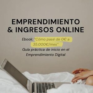 Pode incluir: Um computador portátil aberto sobre uma colcha branca. O ecrã está desligado e o teclado é visível. O texto no ecrã diz "Ebook: "Cómo pasé de O€ a 35.000€/mes" Guía práctica de inicio en el Emprendimiento Digital".