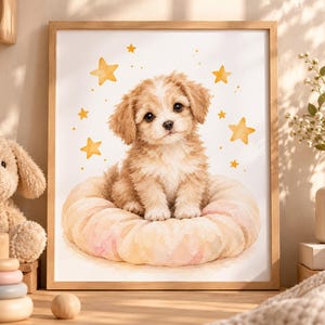 Cute Puppy on Pillow poster | Nursery Wall Art, Watercolor Dog Print