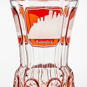 Antique Bohemian Engraved Ruby Red Crystal Glass Vase 1850