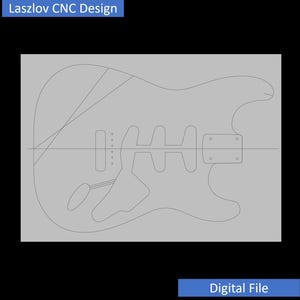 May include: A black and white line drawing of an electric guitar body, showing the outline of the body, the pickup locations, and the control cavity. The drawing is on a grey background.