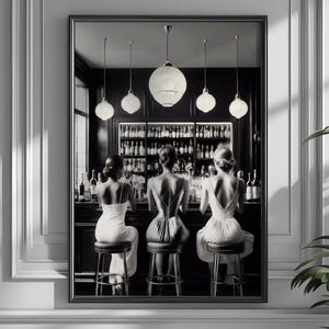 Arte mural de mujeres bebiendo cócteles, impresión de carrito de bar, decoración vintage de tres amigos, fotografía de alcohol, descarga digital, póster en blanco y negro