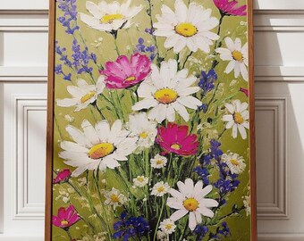 Wildflower Daisy Bouquet Art Print, Cottagecore Floral Wall Decor