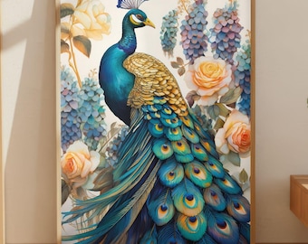 孔雀の水彩画、エレガントな鳥のアート、花の自然のプリント、華やかな