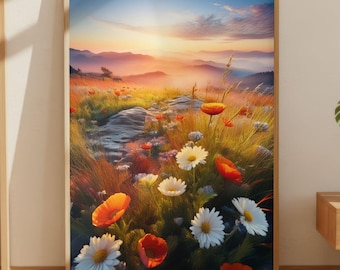 Plakat z krajobrazem zachodzącego słońca z dzikimi kwiatami, wydruk ścienny z motywem natury, ilustracja wschodu słońca w górach, marzycielski wystrój pola kwiatowego, sztuka do domu