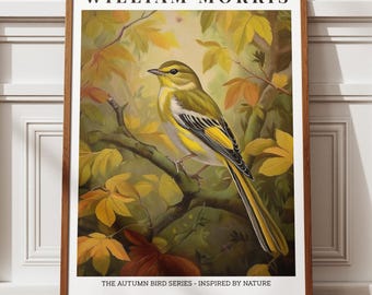 William Morris Autumn Bird Print, Vintage Nature Wall Art, Yellow Bird Poster, Botanical Illustration, Floral Home Art, Home Wall Decor