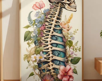 Stampa anatomica vintage, colonna vertebrale floreale e teschio, poster di arte medica