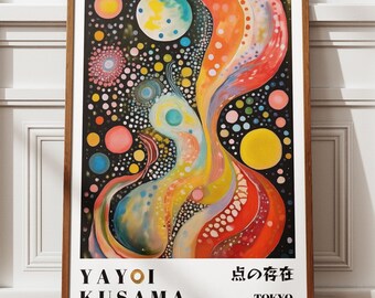 Yayoi Kusama Tokyo konsttryck, färgglada abstrakta prickar poster, psykedelisk kosmisk väggkonst, modern japansk poster