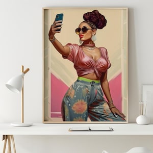 Modern Indian Woman Chic Selfie Fashionista Wall Art Print, Glamorous Woman Portrait Illustration for Modern Home Decor