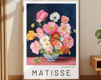 Póster de naturaleza muerta floral inspirado en Matisse, impresión artística de pared con un ramo colorido, decoración botánica moderna para sala de estar y dormitorio.