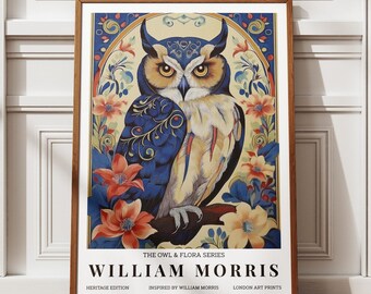 Impression de hibou William Morris, art mural animalier vintage, affiche florale colorée, oeuvre d'art classique de la nature, décoration d'intérieur de style ancien, art mural maison