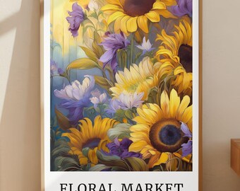 Sunflower Floral Poster, Warm Botanical Wall Art, Cottage Style Flower Artwork, Floral Market Inspired Physical Print
