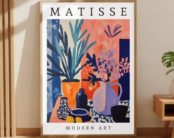 Póster de naturaleza muerta inspirado en Matisse, impresión de arte moderno y colorido, jarrón botánico llamativo para decoración de pared de cocina, regalo de arte de pared de galería