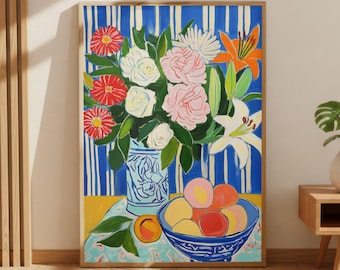 Póster colorido de naturaleza muerta floral, arte de pared con ramo y frutero inspirados en Matisse, fondo de rayas azules, decoración para cocina y comedor, regalo