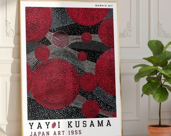 Yayoi Kusama inspiriertes Poster, rotes Tupfenmuster, abstrakter Druck, japanische moderne Kunst im 1955-Stil, mutige Galerie-Wanddekoration für Wohnzimmer, Büro