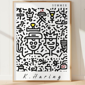 May include: A framed art print featuring a black and white illustration with the word "SUMMER" at the top. The artwork includes two stylized figures and various summer-themed icons. The artist's signature, "K. Haring," is at the bottom.