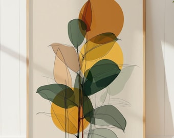 Mid Century Modern Botanical Art Print, Abstract Leaves Wall Decor, Mustard Yellow Sun Poster, Boho Floral Wall Art, Earth Tone Home Decor