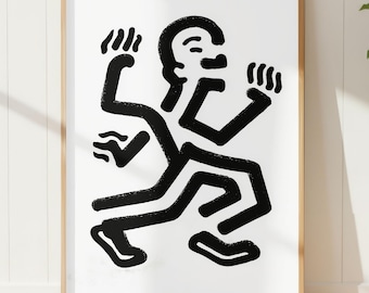Keith Haring Inspired Poster, Running Man Figure, Black & White Minimal Line Art, Street Pop Art Print, Modern Wall Decor