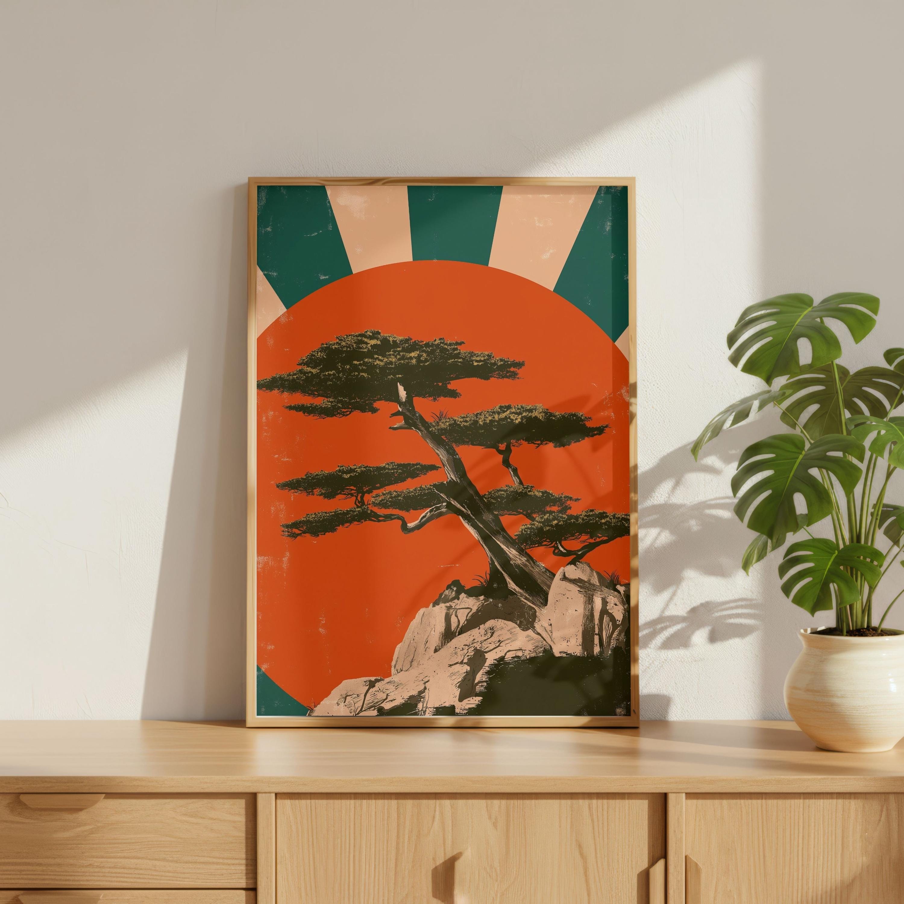 Japanese Rising Sun Tree Japanese Rising Sun Poster, Vintage Bonsai Wall Art, Red Sun Landscape ...
