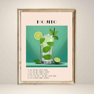 MOJITO カクテル プリント | グリーン ミニマリスト レトロ デジタル アート | バー カート デコレーション | デジタル ダウンロード プリンタブル | バー カート レトロ | ビンテージ アート