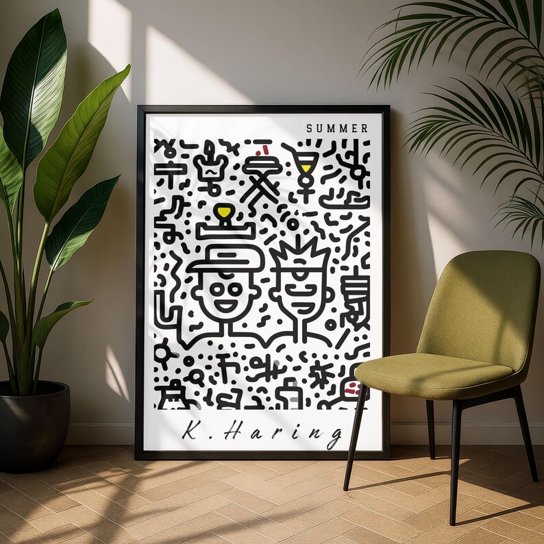 May include: A framed black and white art print featuring a Keith Haring-style illustration with the word "SUMMER" at the top. The artwork includes two stylized figures and various abstract shapes. The artist's signature, "K. Haring," is at the bottom.
