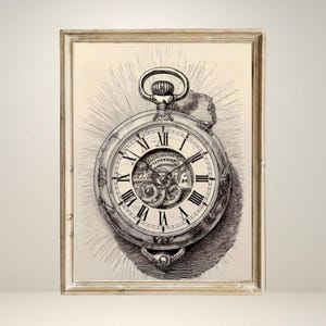 Digital Pocket Watch Art – Vintage Clock Illustration, Steampunk Printable Wall Decor, Roman Numerals, Antique Timepiece Download