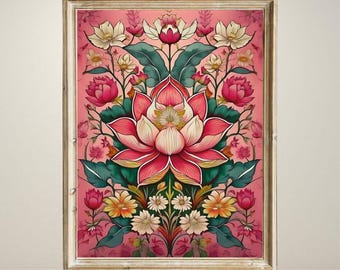 Lotus Print Indian Folk Art Traditional Indian Lotus Printable Wall Art Indian Vintage Pichwai Painting Lotus Poster DIGITAL DOWNLOAD Decor