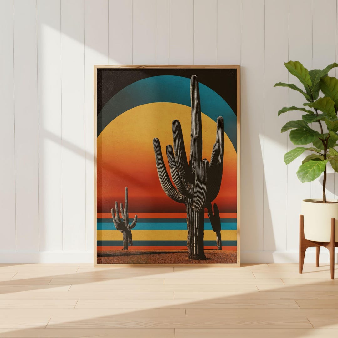 Vintage Desert Sunset Art Print, Retro Cactus Wall Decor, Mid Century ...
