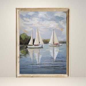 Vintage Sailboat Painting Print | Nautical Wall Art Summer Printable | Summer Decor Digital Download | Antique Lake House Seascape