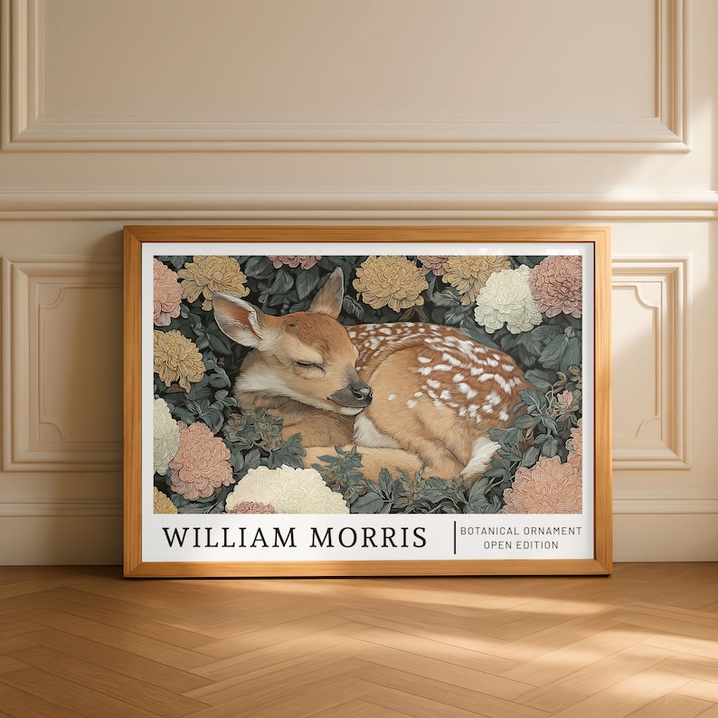 William Morris Inspired Deer Poster, Vintage Botanical Animal Wall Art