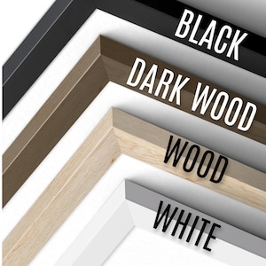 May include: Four rectangular picture frame corners arranged diagonally, labeled with text. The top frame is black, the second is dark wood, the third is light wood, and the bottom frame is white. Each frame features a clean, angled mitered corner.