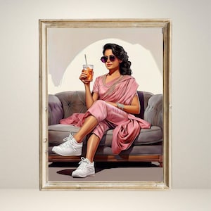 Modern Indian Woman Drinking Art Indian Pop Desi Women Drinking Art Kitchen Wall Art Woman Poster Pink Feminist Poster Desi Girl Wine Art