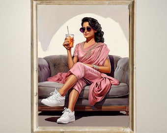 Modern Indian Woman Drinking Art Indian Pop Desi Women Drinking Art Kitchen Wall Art Woman Poster Pink Feminist Poster Desi Girl Wine Art