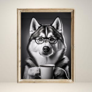 Arte mural de husky siberiano tomando café, impresión en blanco y negro, impresión para amantes del café, regalo para perros, póster divertido de perro, decoración de pared para cocina, póster