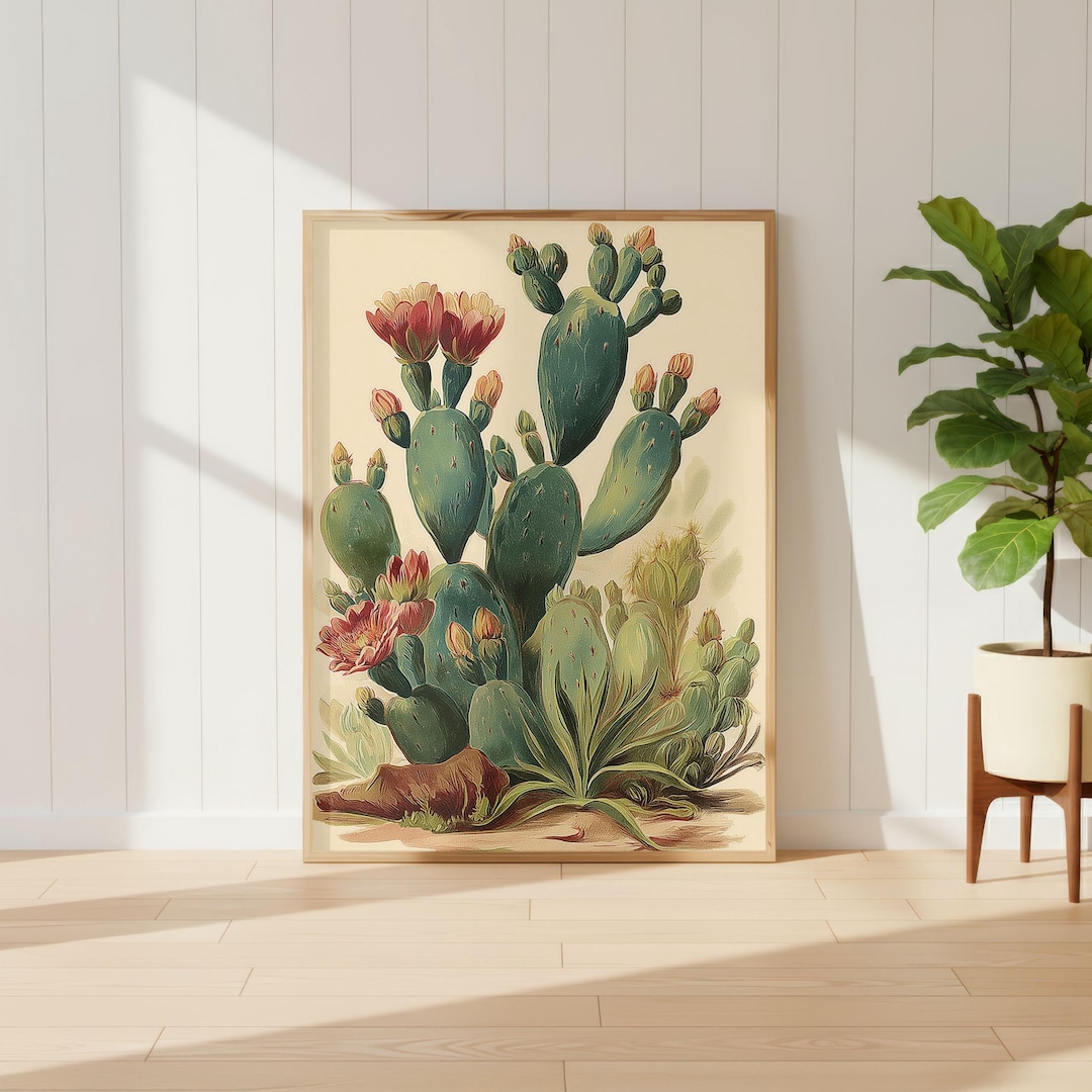 Vintage Botanical Cactus Wall Art, Desert Prickly Pear Illustration ...