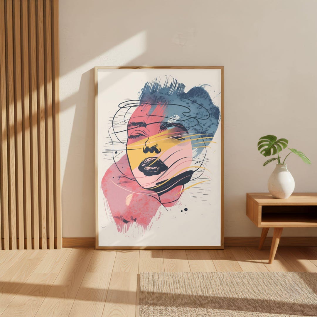 Abstract Woman Face Poster, Modern Line Art Portrait With Watercolor ...