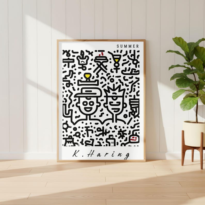 May include: A framed art print featuring a black and white illustration with the word "SUMMER" at the top. The artwork includes two stylized figures and various summer-themed icons. The artist's signature, "K. Haring," is at the bottom.
