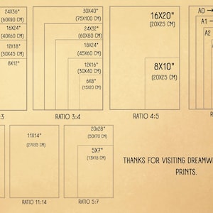 May include: Print size guide with various aspect ratios and dimensions in inches and centimeters. Includes sizes like 24x36", 16x24", 12x18", 8x12", 30x40", 16x20", 8x10", and A0 to A4 sizes. Text reads "THANKS FOR VISITING DREAMWEAVE STUDIO PRINTS."