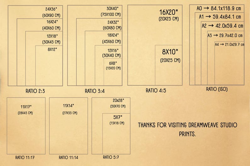 May include: Print size guide with various aspect ratios and dimensions in inches and centimeters. Includes sizes like 24x36", 16x24", 12x18", 8x12", 30x40", 16x20", 8x10", and A0 to A4 sizes. Text reads "THANKS FOR VISITING DREAMWEAVE STUDIO PRINTS."