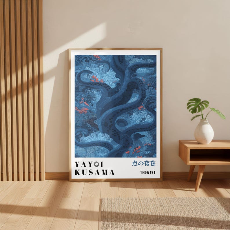 Yayoi Kusama Poster, Blue Octopus Dots Print, Japanese Modern Wall Art ...