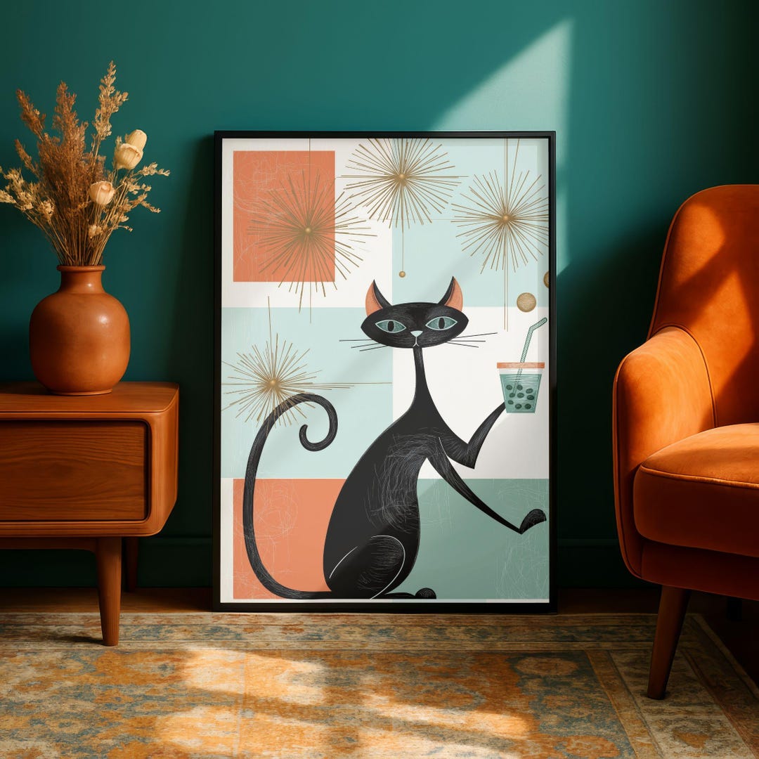 Mid Century Black Cat Poster, Retro Atomic Cat Wall Art Print, Cute Cat ...