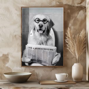 Golden Retriever Sitting On Toilet Wall Art, Frenchie Dog Reading Newspaper, Black and White Print, Funny Dog Poster, Bathroom Wall Decor