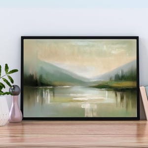 Green Modern Abstract Landscape Print, Minimal Rustic Neutral Oil Painting, Moody Beige Farmhouse Decor, Earthy Summer Printable Wall Art