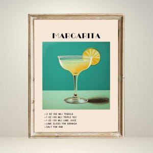 Margarita Cocktail Print | Zielona minimalistyczna sztuka cyfrowa retro | Dekoracja wózka barowego | Cyfrowe pobieranie do druku, wózek barowy retro