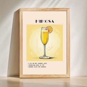Póster de cóctel Mimosa Art / Carrito de bar Regalo personal de cócteles de barman Póster de carrito de bar Impresiones de recetas de cócteles Impresión de carteles de arte vintage