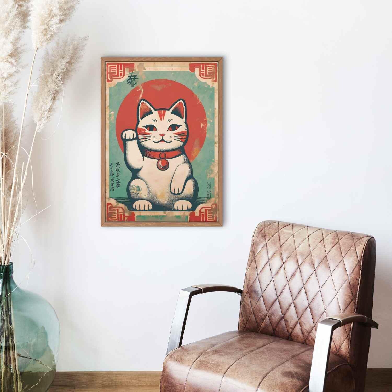 Traditional Maneki Neko Cat Print | Japanese Lucky Cat Poster, Retro ...