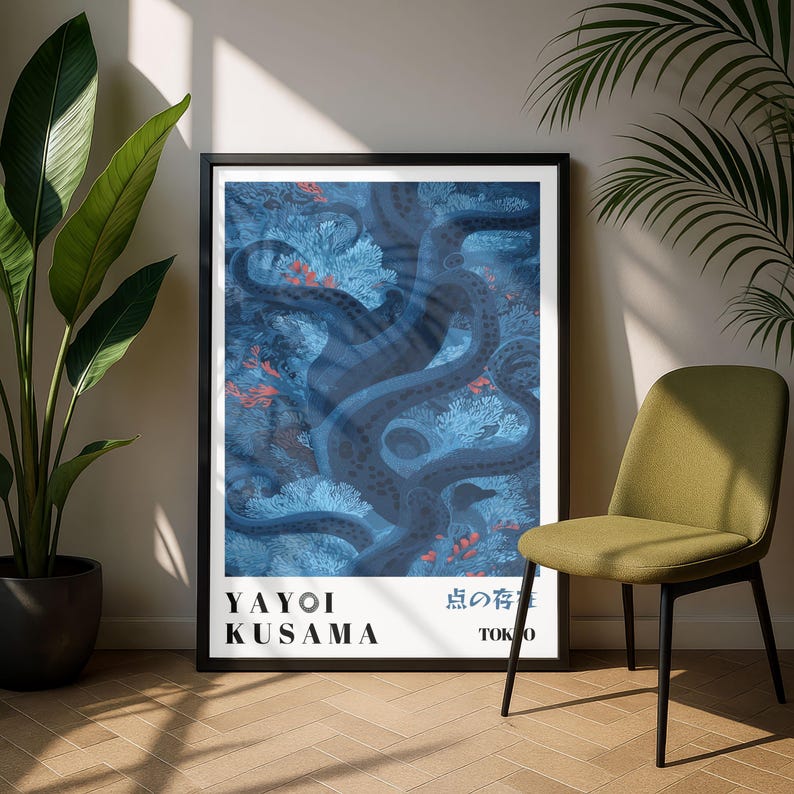 Yayoi Kusama Poster, Blue Octopus Dots Print, Japanese Modern Wall Art ...