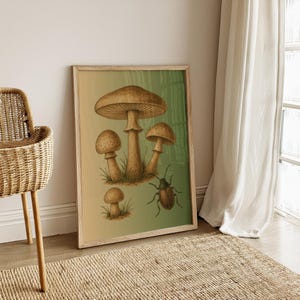 Vintage Mushroom & Beetle Wall Art, Botanical Fungi Print, Cottagecore Nature Decor, Rustic Woodland Poster, Digital Download